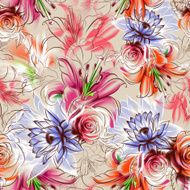 Seamless pattern Tropical exotic flowers drawn in pencil and watercolo N7