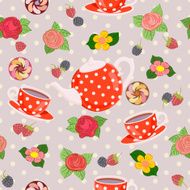 Repeating pattern with teapot cups flowers and berries