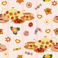 Seamless vector pattern with teapot cups strawberries and cake