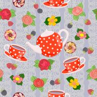 Repeating pattern with teapot cups flowers and berries N2