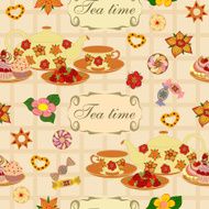 Seamless vector pattern with teapot cups strawberries cake N3