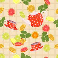 Repeating pattern with a kettle cups slices of citrus leaves N2