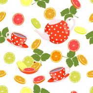 Repeating pattern with a kettle cups slices of citrus leaves N3
