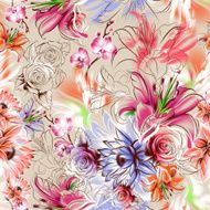 Seamless pattern Tropical exotic flowers drawn in pencil and watercolo N9