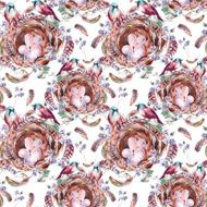 Watercolor floral vintage seamless pattern with birds nests and feathers