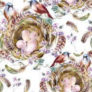 Watercolor floral vintage seamless pattern with birds nests and feathers N2