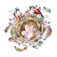 Watercolor floral vintage greeting card with birds nests and feathers