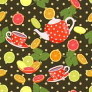 Repeating pattern with a kettle cups slices of citrus leaves N4