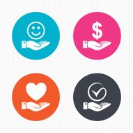 Smile and hand icon Heart Tick symbol