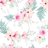 Chinese magnolia roses and fern seamless vector pattern
