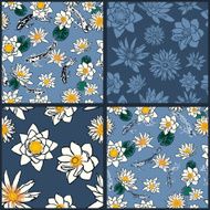 Four seamless patterns with koi carps and water flowers