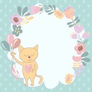 Frame of flowers and a cat with balloons