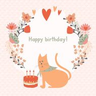 Frame of flowers and a cat with cake