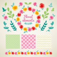 Set of vintage floral design elements with roses leaves branches