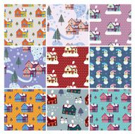 color set of Xmas winter patterns with houses