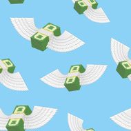 Winged money seamless pattern Cash in blue sky Vector backgro
