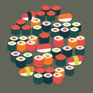 Restaurant Food Sushi Sashimi and Rolls Vector Flat Design Circle