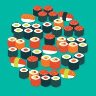Food Sushi Sashimi and Rolls Vector Flat Design Circle Shaped