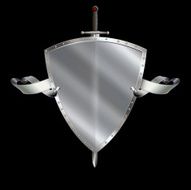 Silver heraldic shield with medieval sword and silver ribbon