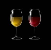 Red and white wine glass isolated on black background