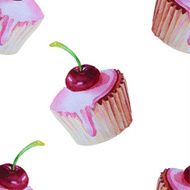 Sweet delicious watercolor pattern with cupcakes Hand-drawn ba