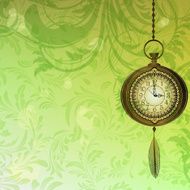 Abstract wallpaper with green floral branches and pocket watch