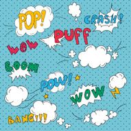 Comics pop art style blank layout template with clouds beams N7
