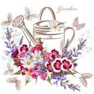 Vector background with garden flowers and butterflies