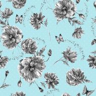 Vintage monochrome watercolor seamless pattern with wildflowers poppies daisies cornflowers