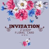 Watercolor floral greeting card with red poppies cornflowers and daisies