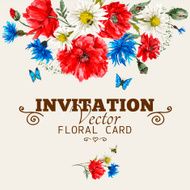 Watercolor floral greeting card with red poppies cornflowers and daisies N2