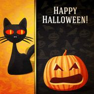 Happy halloween banner - Curious black cat and carved bright