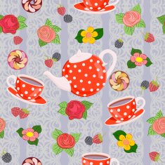 Repeating pattern with teapot cups flowers and berries N2