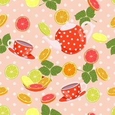 Repeating pattern with a kettle cups slices of citrus leaves
