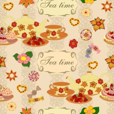 Seamless vector pattern with teapot cups strawberries cake N2