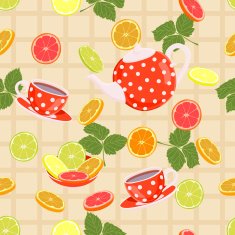 Repeating pattern with a kettle cups slices of citrus leaves N2