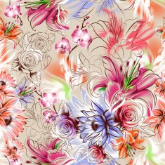Seamless pattern Tropical exotic flowers drawn in pencil and watercolo N9