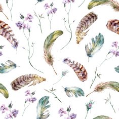 Watercolor floral vintage seamless pattern with feathers