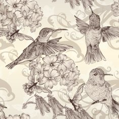 Beautiful vector seamless wallpaper with humingbirds in vintage style