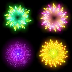 Festive patterned firework bursting in various shapes sparkling pictograms set