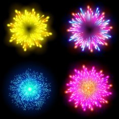 Festive patterned firework bursting in various shapes sparkling pictograms