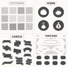 Money bag icons Wallet and piggy bank symbols N2