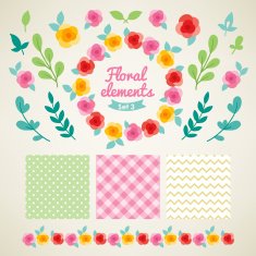 Set of vintage floral design elements with roses leaves branches