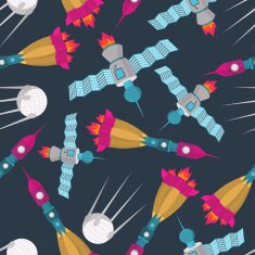 Space transport seamless pattern Spaceship rocket and satellite N2