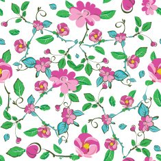 Vector Pink Blue Green Flowers Leaves Seamless Pattern