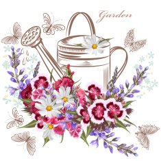 Vector background with garden flowers and butterflies