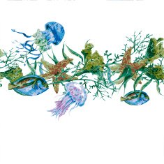 Summer Vintage Watercolor Sea Life Seamless Border on white background