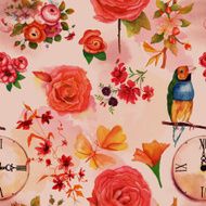 Retro seamless pattern with vintage roses finch clock and butterflies
