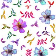 Watercolor seamless pattern with decorative colorful flowers and leafs