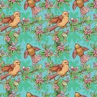Seamless pattern with birds and summer flowers handdrawn background